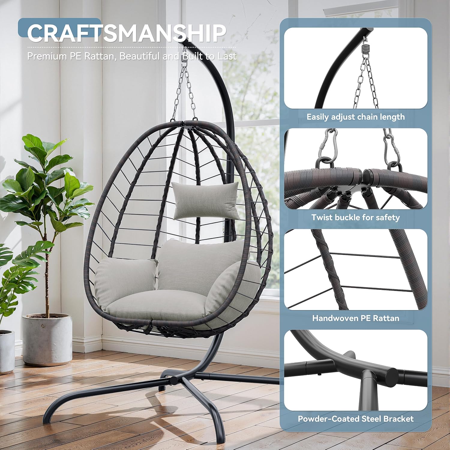 ALAULM Foldable Egg Chair with Stand, 485LBS Capacity Wicker Rattan Hammock Swing Chair for Outdoor & Indoor, Hanging Chair with Strong Frame & UV Resistant Cushion for Balcony, Bedroom, Cream