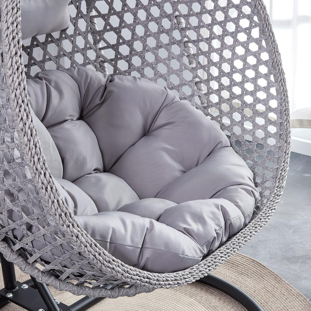 Hanging Egg Swing Chair with Stand, Rattan Wicker Hanging Egg Chair Hammock Indoor with Cushions, Swinging Chair for Bedroom Outdoor Patio Balcony Backyard Sunroom Heavy Duty 350LBS (Gray)