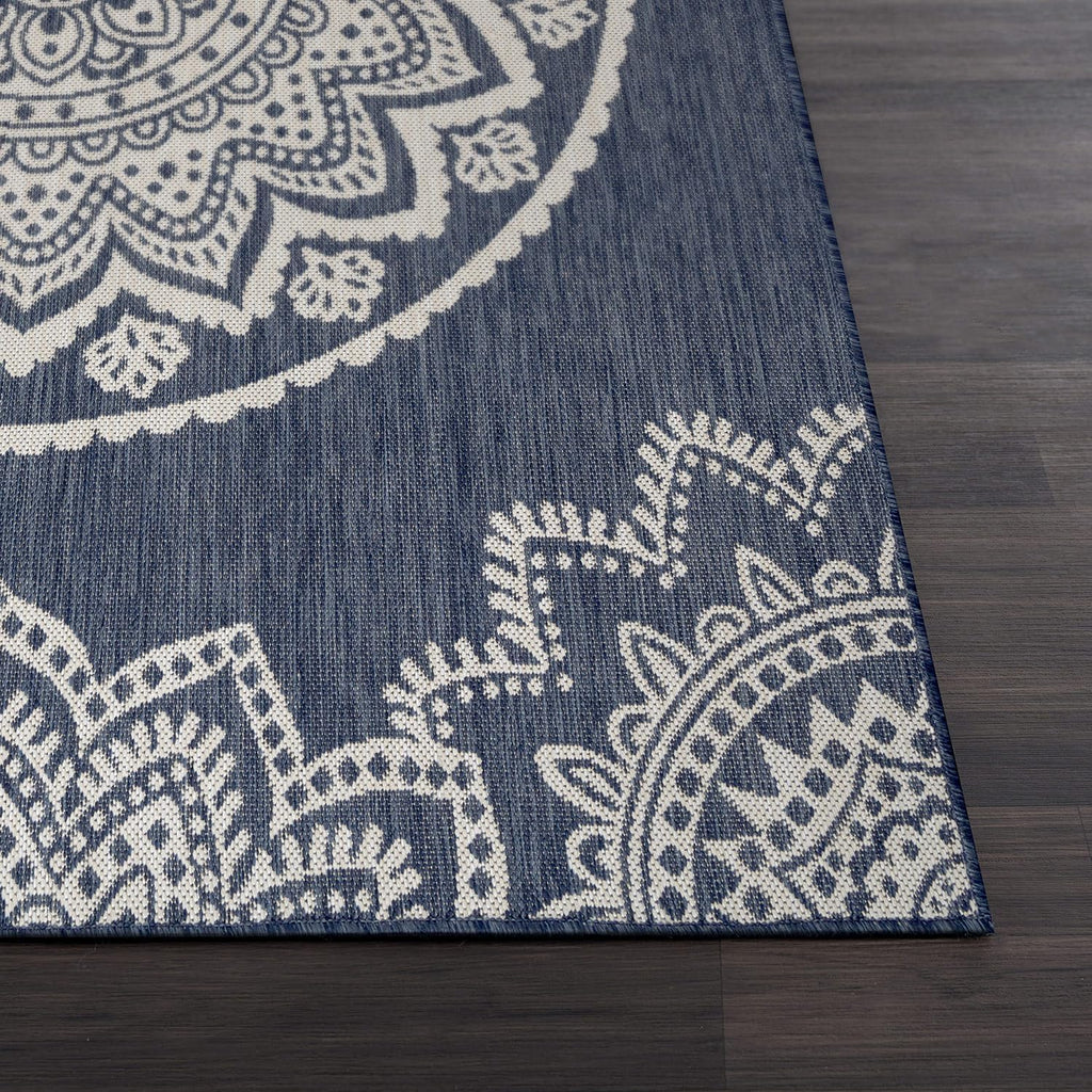 CAMILSON Outdoor Rug 9x12 Modern Area Rugs for Large Indoor and Outdoor Patios and Porches - Waterproof Washable Non-Shedding, Easy-to-Clean Outside Carpet (9 x 12, Medallion - Blue/White)