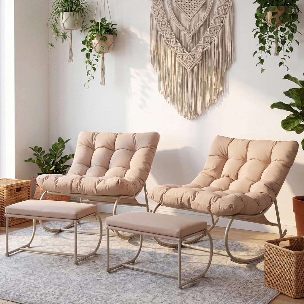 Oversized Double Papasan Rocking Chair Set of 2 with Ottoman, Egg Shaped Patio Lounge Chair with Thick Soft Cushion, Outdoor Relaxation Furniture for Porch, Backyard, Garden, Khaki