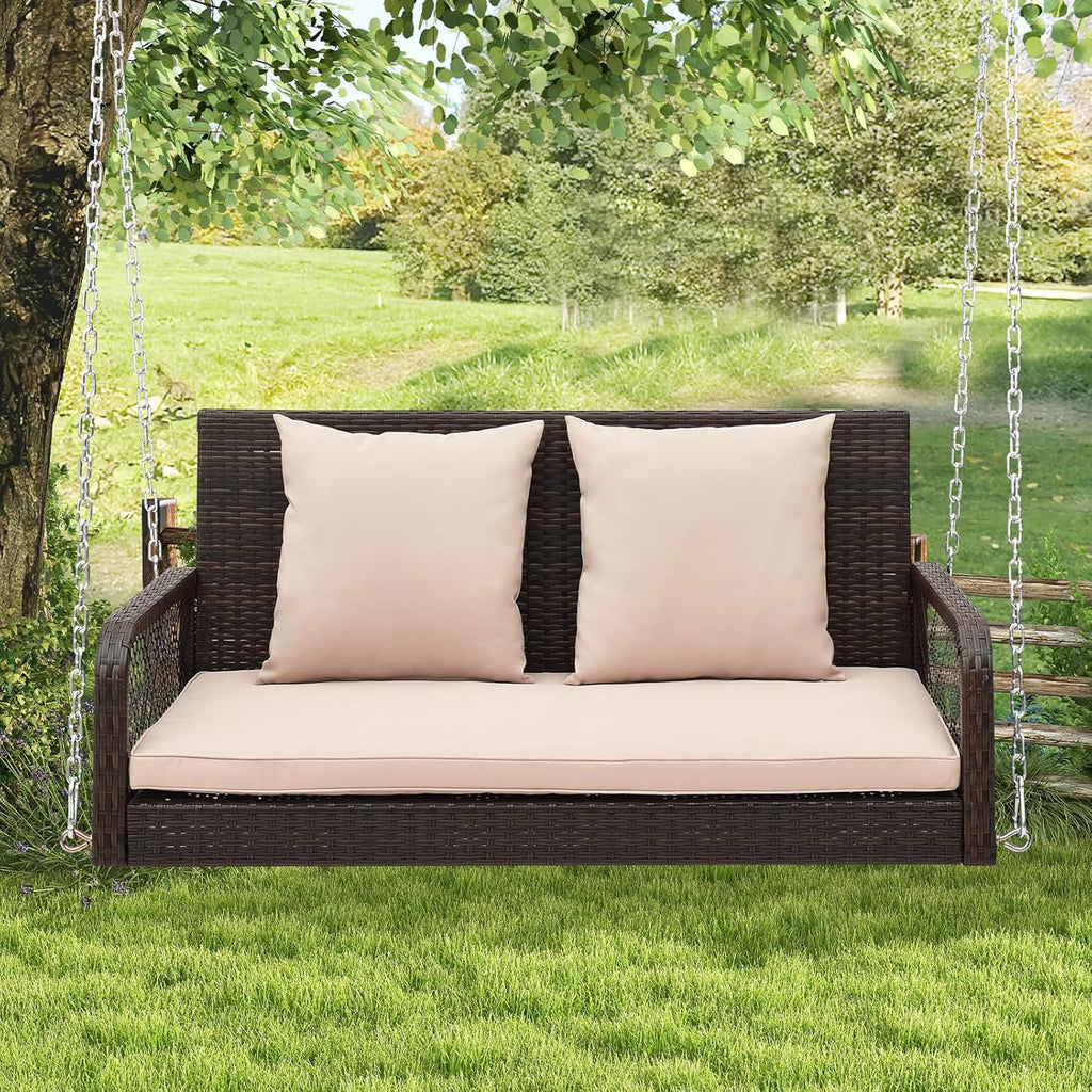 Tangkula Wicker Outdoor Porch Swing, 800 LBS Capacity Outdoor Swing Bench with Hanging Chains, Back and Seat Cushions, 2-Seater Hanging Patio Bench for Deck, Garden, Yard (Beige)
