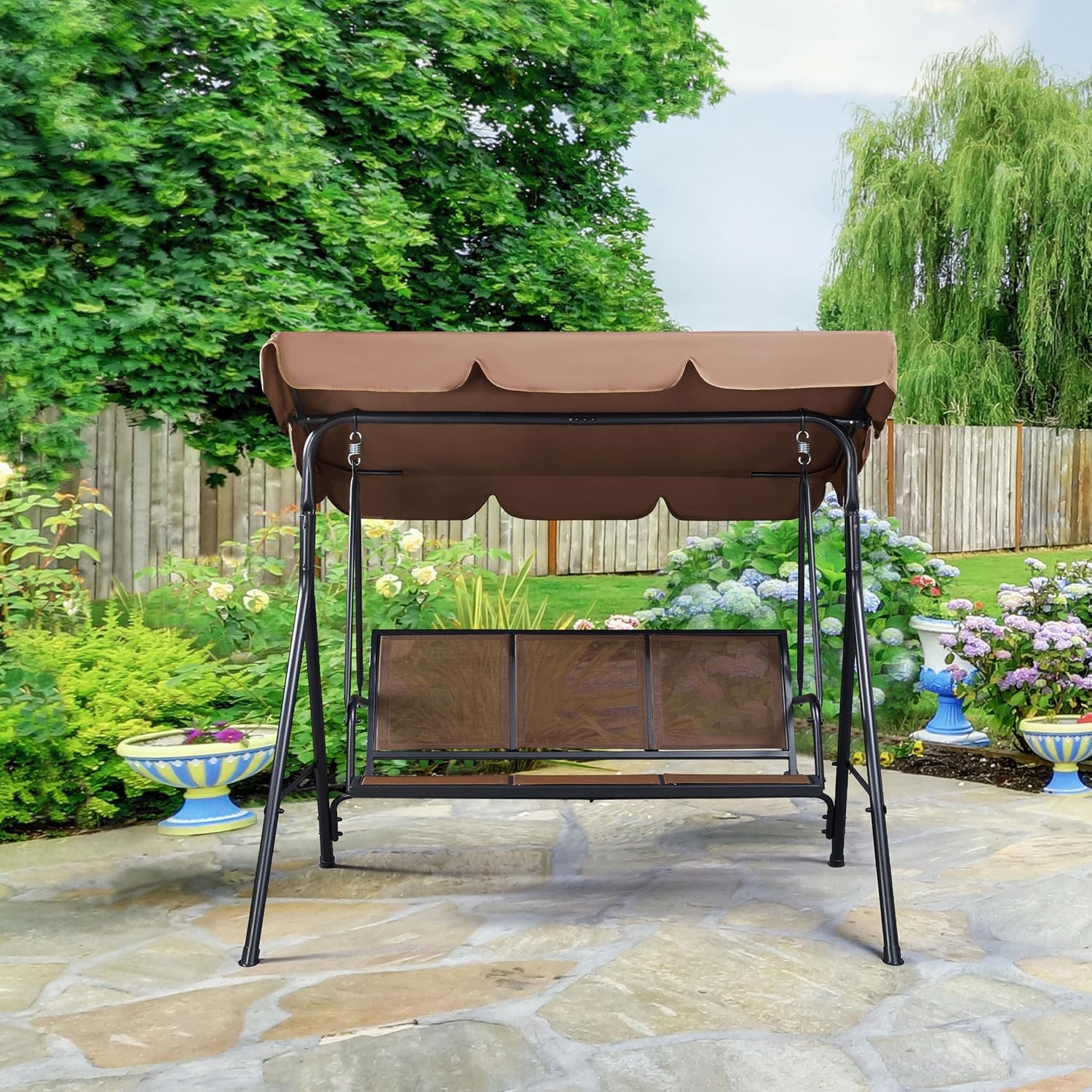 Yaheetech Outdoor Porch Swing Chair for Adults, 3-Seat Patio Hanging Swing w/Adjustable Canopy, Armrests, Porch Swing Sets w/Stand, Breathable Fabric for Backyard/Garden/Balcony, Dark Brown