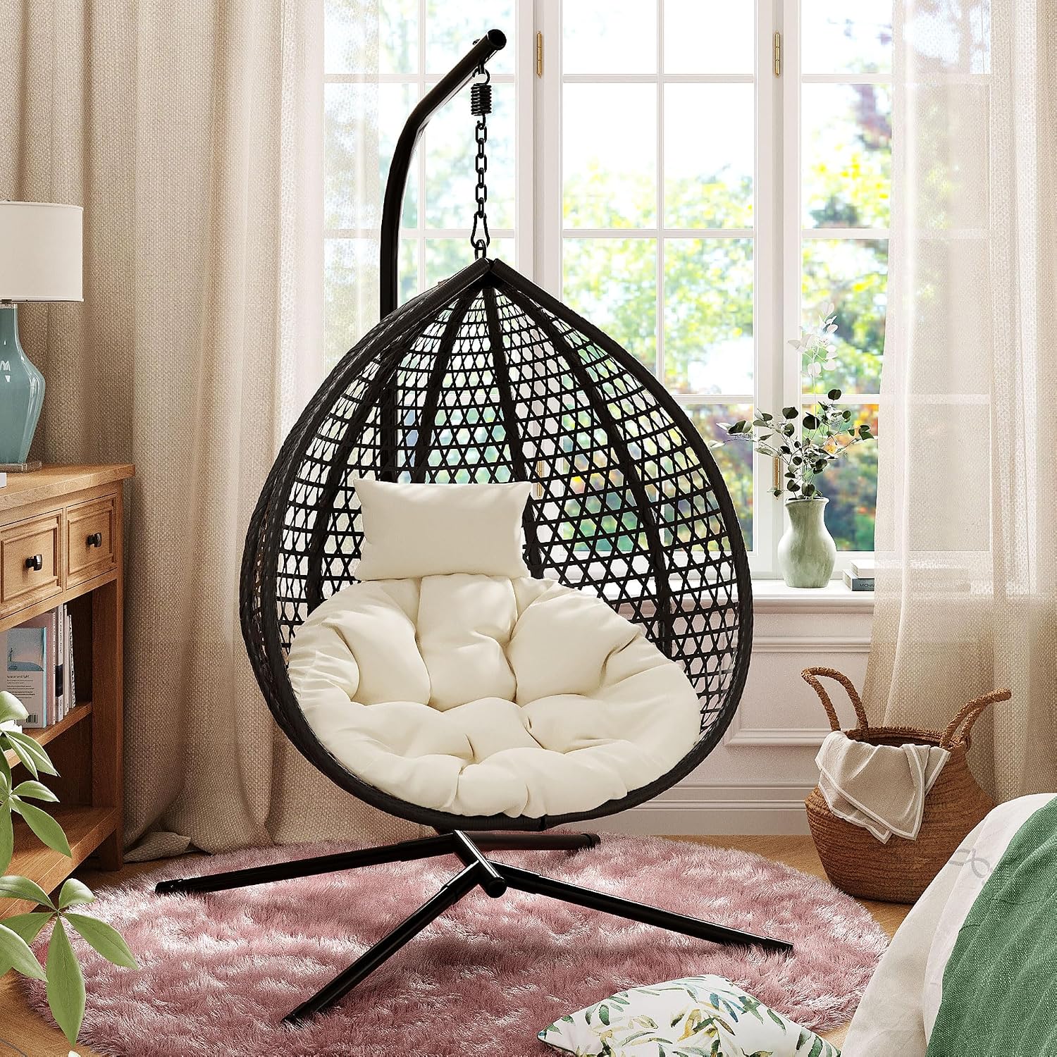 Sturdy Hammock Chair with Stand, Durable Hanging Egg Chair with Rattan Weaving,Comfortable Indoor Outdoor Swing Chairs with Soft Removable Cushion,Suitable for Balcony, Bedroom,or Garden, Black+Beige
