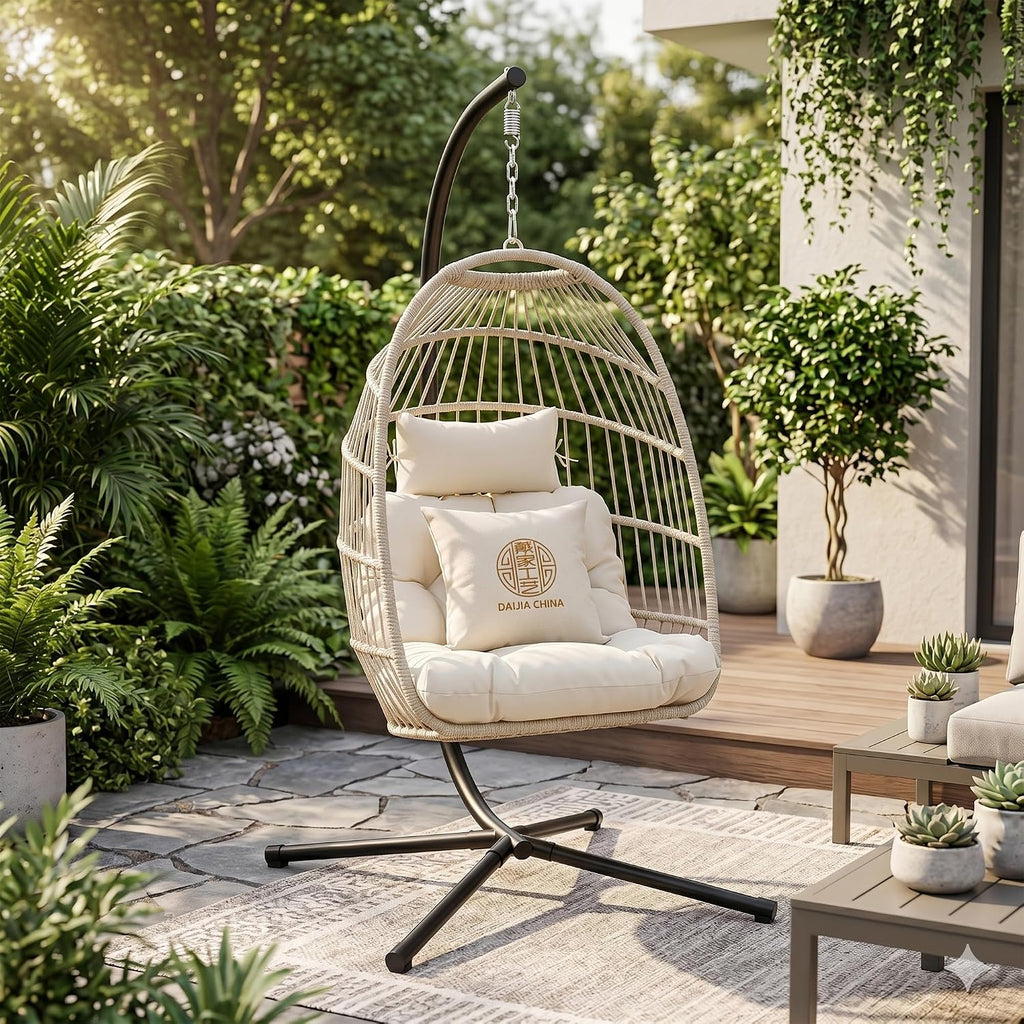 Foldable Hanging Egg Chair with Stand, HDPE Rattan and Heavy Duty Aluminum-Steel Frame, Outdoor Patio Wicker Swing Egg Chair with Headrest and Cushion, 350 Lbs Capacity, White