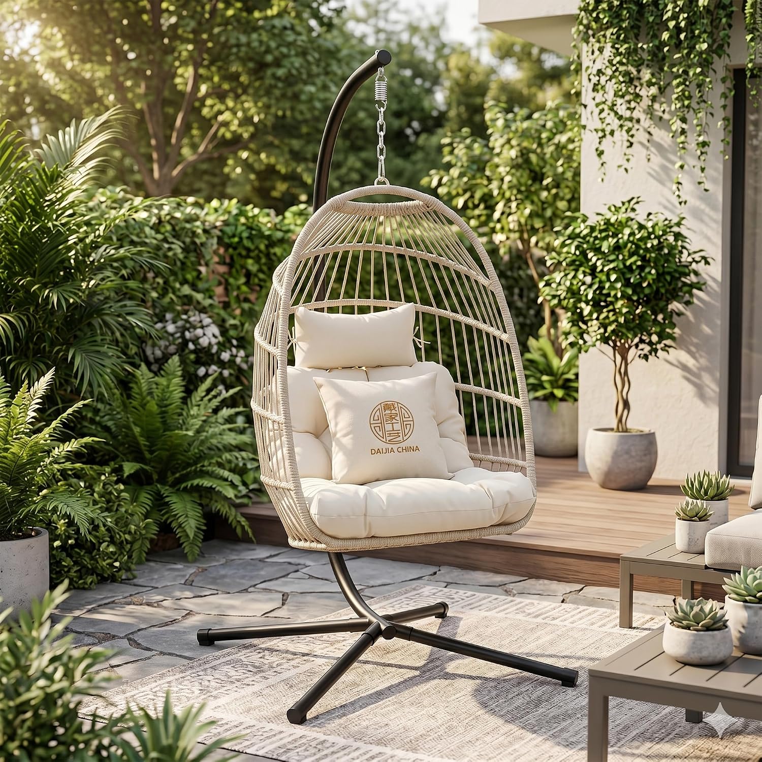 Foldable Hanging Egg Chair with Stand, HDPE Rattan and Heavy Duty Aluminum-Steel Frame, Outdoor Patio Wicker Swing Egg Chair with Headrest and Cushion, 350 Lbs Capacity, White