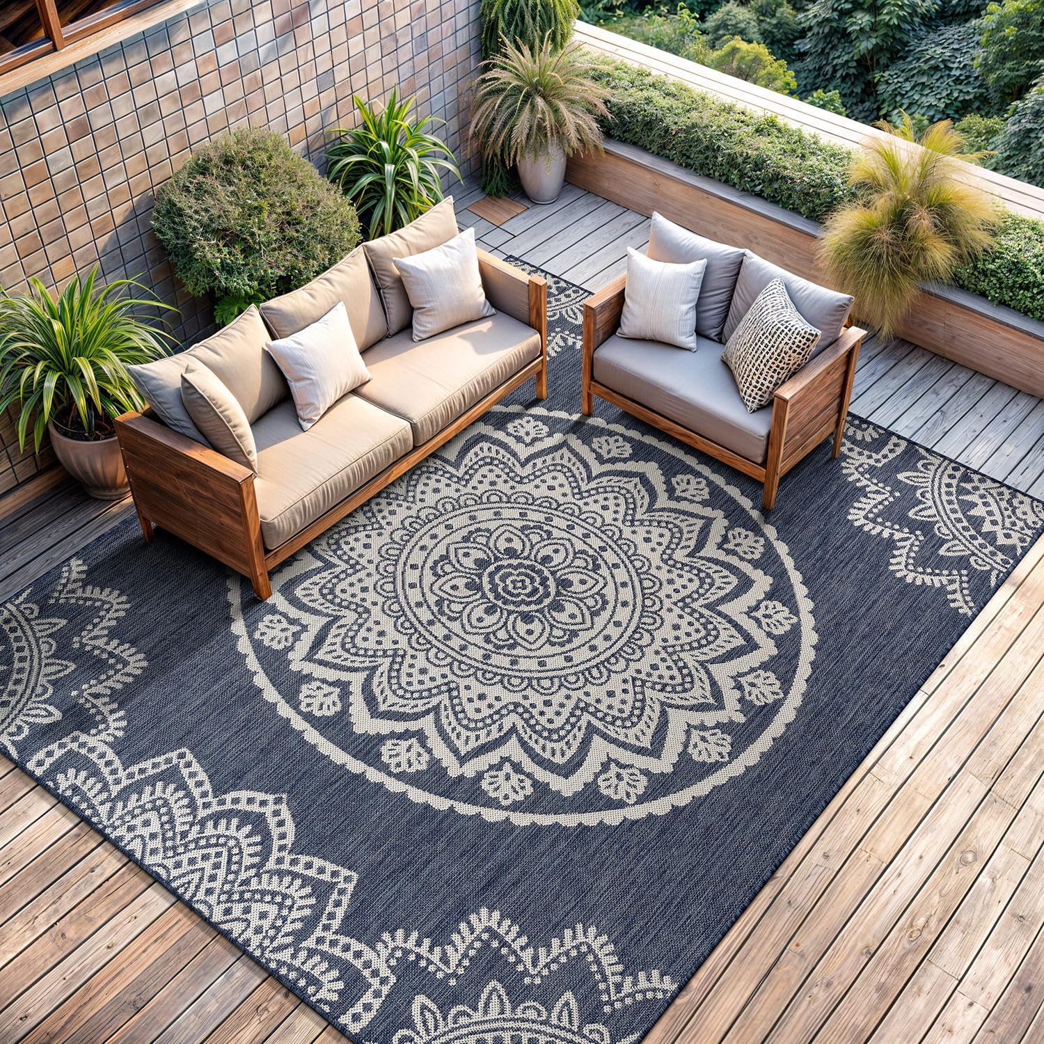 CAMILSON Outdoor Rug 9x12 Modern Area Rugs for Large Indoor and Outdoor Patios and Porches - Waterproof Washable Non-Shedding, Easy-to-Clean Outside Carpet (9 x 12, Medallion - Blue/White)