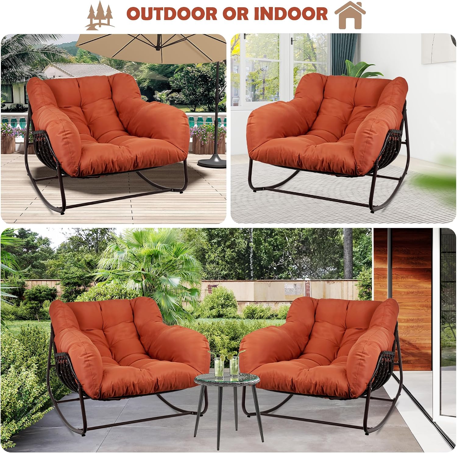 Papasan Rocking Chair Indoor & Outdoor, All Weather Wicker Papasan Patio Chair with Cushion & Pillow, Oversized Papasan Rocker Egg Chair for Bedroom, Garden, Patio - Red.
