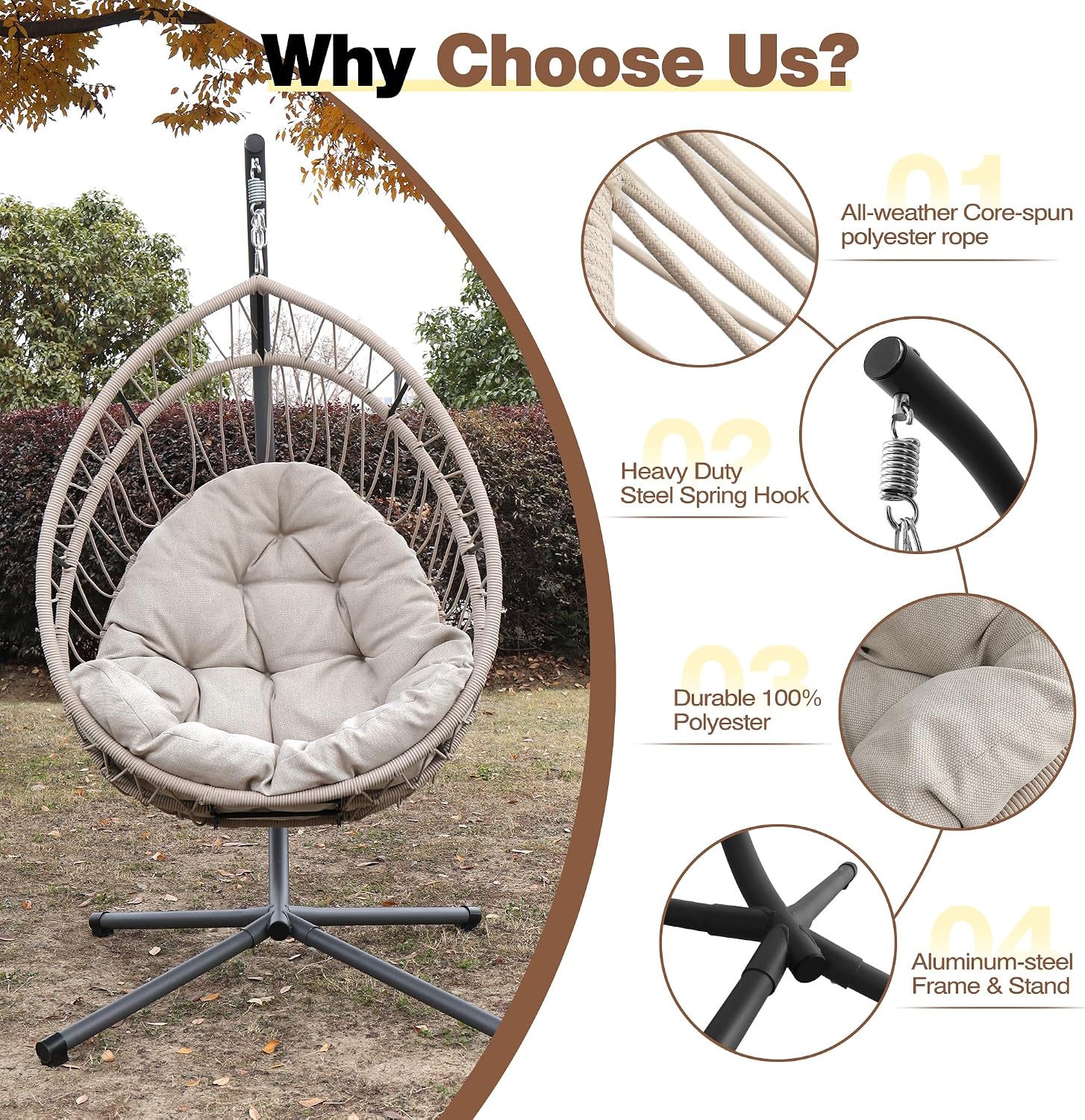 Hanging Egg Chair with Stand, Foldable Hammock Swing Chair Made by Durable All-Weather Core-Spun Polyester Rope with Yarn-Dyed Fabric Cushion for Indoor Outdoor, 350Lbs Capacity (Grey Cushion)