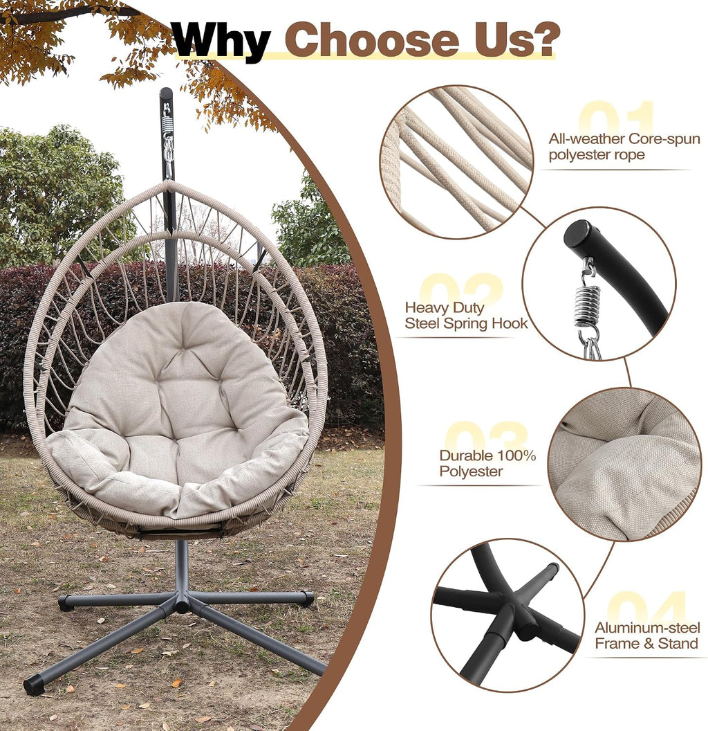 Hanging Egg Chair with Stand, Foldable Patio Hammock Egg Swing Chair Made by All-Weather Core-Spun Polyester Rope with Soft Cushion for Bedroom Garden Indoor Outdoor, 350Lbs Cap. (Grey)