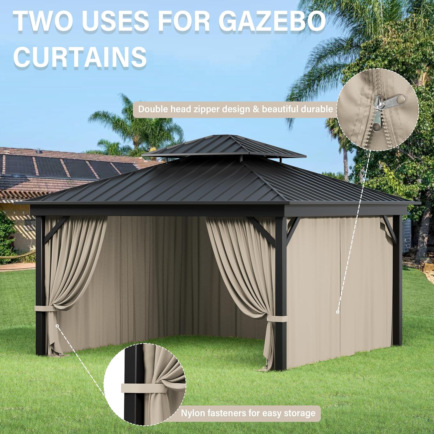Outdoor Gazebo Curtain Replacement Universal 4-Panel Sidewalls 12' X 12',Outdoor Patio Waterproof Privacy Curtain with Double Zipper for Patio,Garden, and Backyard (Curtain Only)