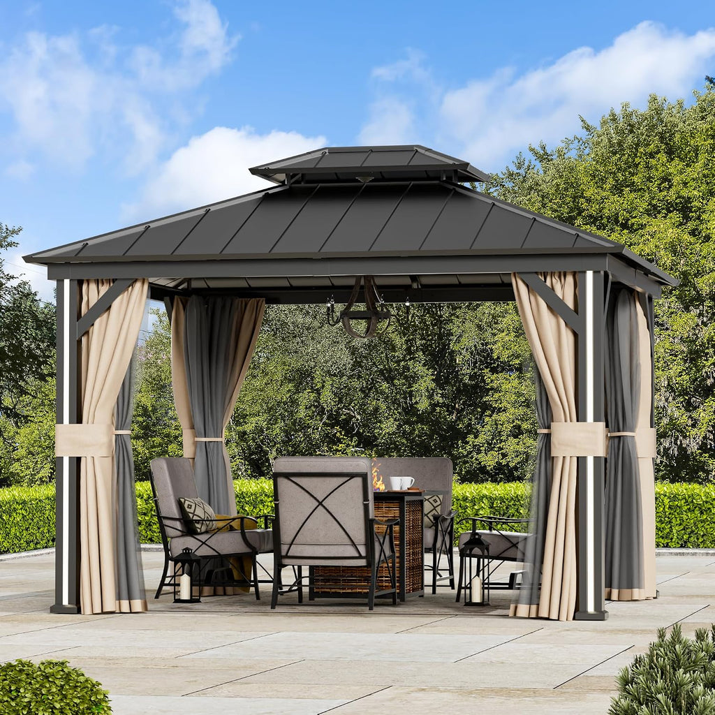 Big Leaf 10' x 12' Hardtop Gazebo with LED Strip Lights – Galvanized Steel Double Roof, USB and USB-C connectors, Mosquito Netting and Curtains – Outdoor Metal Gazebo for Decks and Backyards, Black