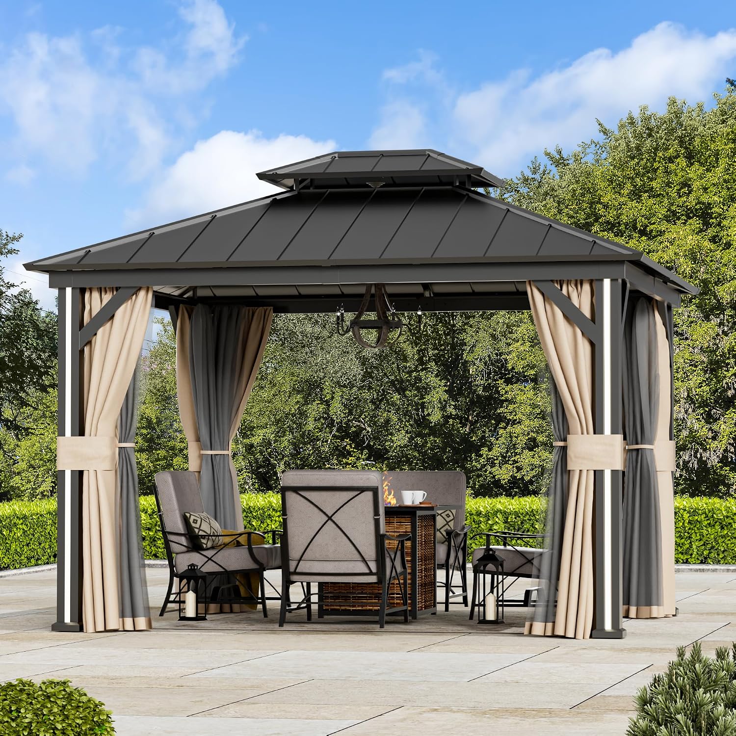 Big Leaf 10' x 12' Hardtop Gazebo with LED Strip Lights – Galvanized Steel Double Roof, USB and USB-C connectors, Mosquito Netting and Curtains – Outdoor Metal Gazebo for Decks and Backyards, Black