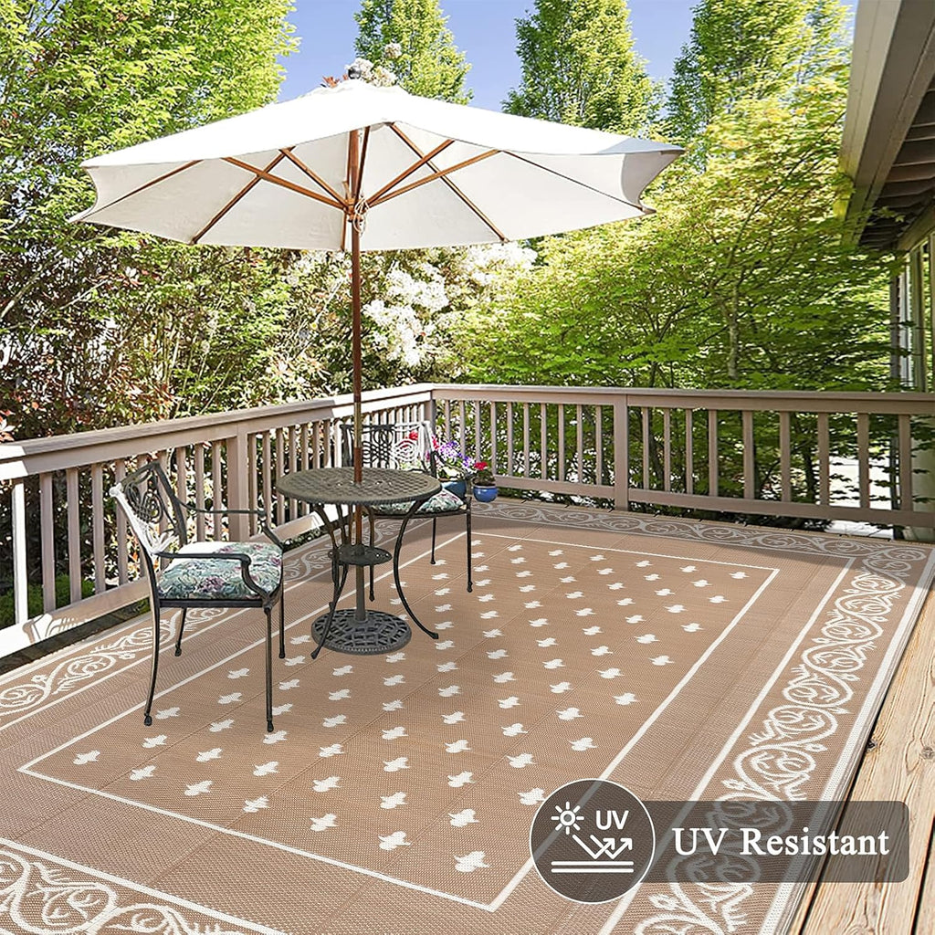 Pauwer Waterproof Outdoor Rug 10x14, Reversible Plastic Straw Patio Camping Rug, Indoor Outdoor RV Mat Carpet for Deck, Camper, Porch, Balcony, Picnic, Bordered Beige