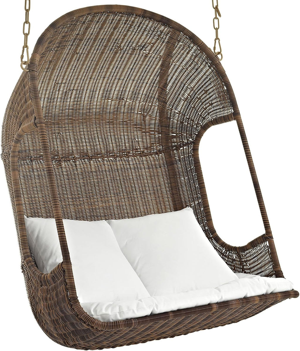 Modway Vantage Wicker Rattan Outdoor Patio Swing Chair with Canopy in Brown White
