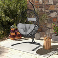 Tangkula Egg Chair with Stand, Hanging Egg Swing Chair with Removable Seat Cushion & Headrest, All-Weather Indoor Outdoor Hanging PE Wicker Egg Chairs for Outside, Balcony, Bedroom (Grey)
