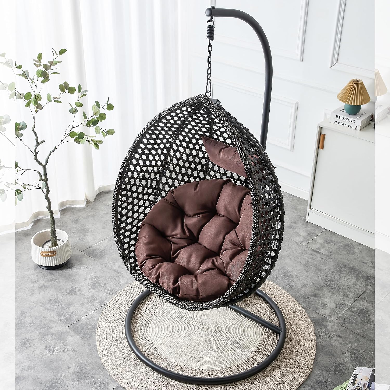 Egg Chair Indoor Outdoor, Hanging Chair for Bedroom, Swing Chair Hammock with Stand & Cushions, Comfy Swinging Chair Adult Reading Chair for Patio Balcony Backyard, Heavy Duty 350LBS, Black