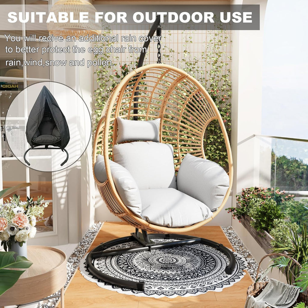 Oversized Hanging Egg Chair Outdoor Indoor, Wicker Swing Egg Chair with Stand 400lbs Capacity for Bedroom, Patio, Garden and Balcony (Beige-Regular, Oversize)