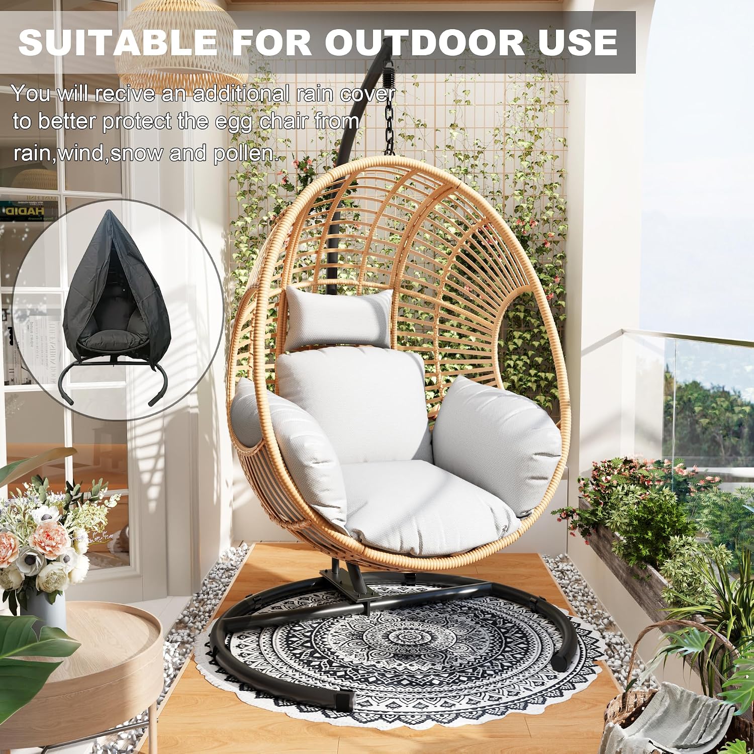 Oversized Hanging Egg Chair Outdoor Indoor, Wicker Swing Egg Chair with Stand 400lbs Capacity for Bedroom, Patio, Garden and Balcony (Beige-Regular, Oversize)