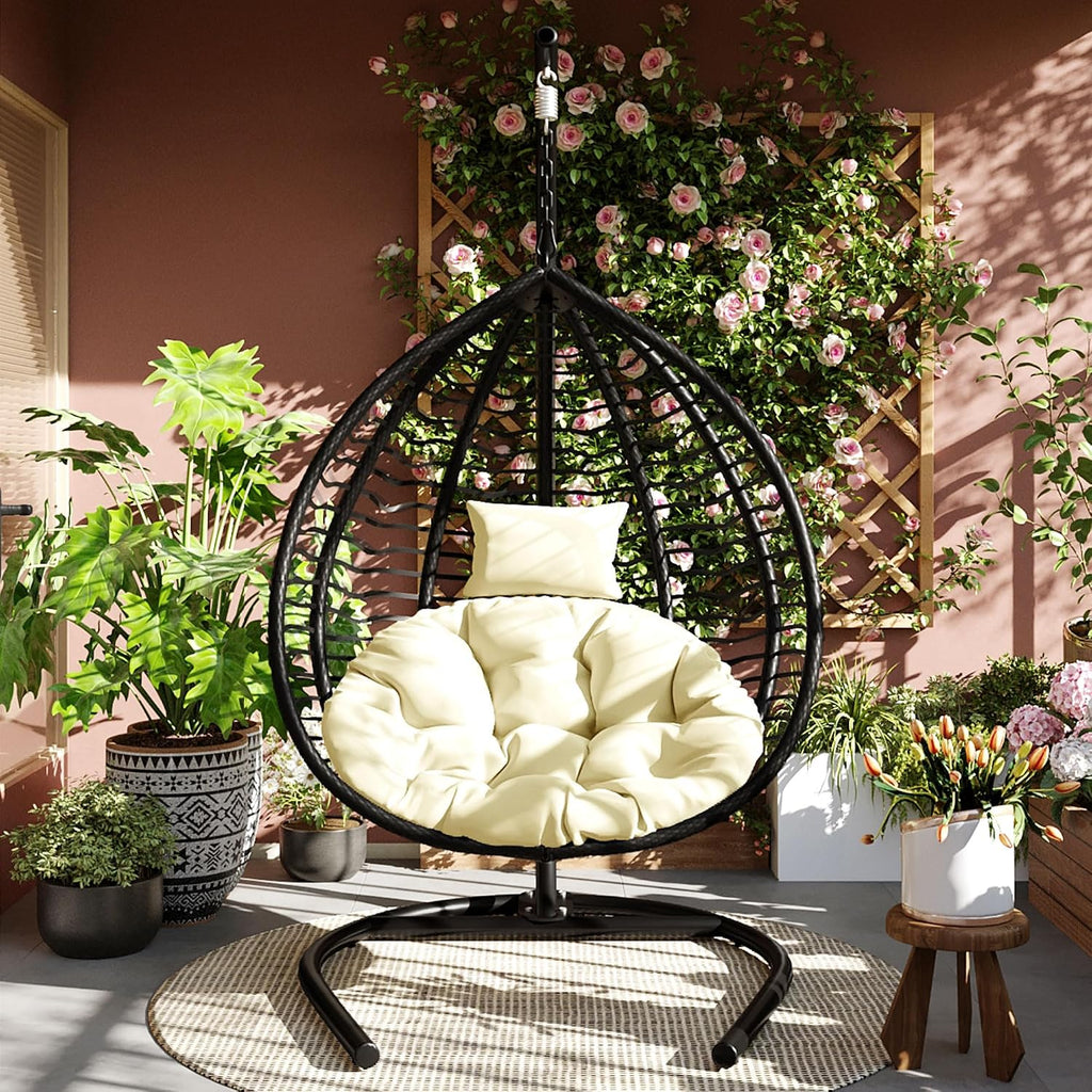 Qwork Hanging Egg Chair with Stand, Modern Foldable Wicker Swing Chair, Deep Seat Hammock with Creamy Beige Cushion, 330lbs Heavy Duty for Living Room, Bedroom, Patio (Black Frame + Beige Cushion)