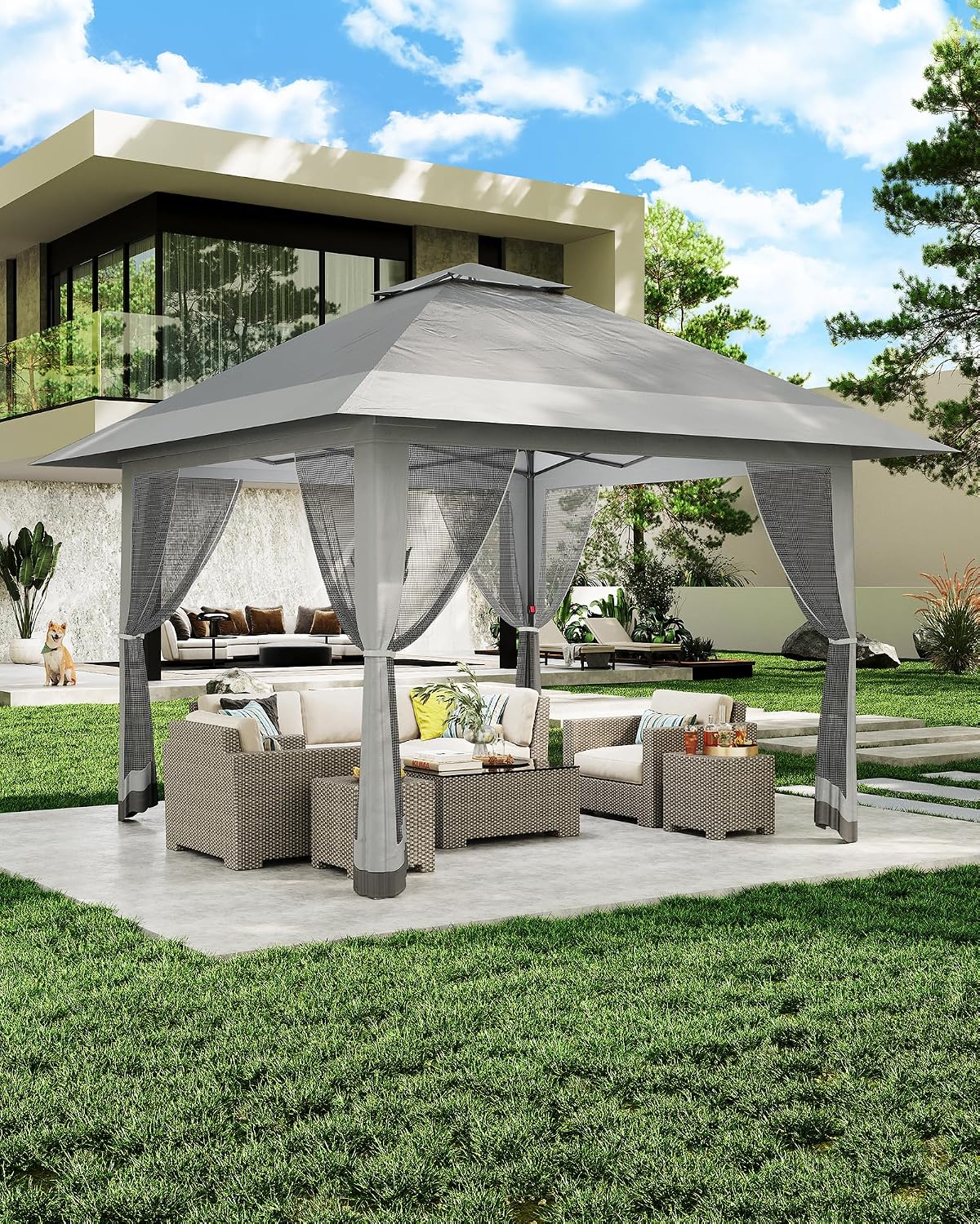 13'x13' Pop Up Gazebo, Outdoor Canopy Tent with Mosquito Netting, Pop Up Canopy with Double Roof Design & Adjustable Height, UV-Resistant Patio Gazebo Sunshade for Graden/Backyard/Lawn/Beach (Gray)