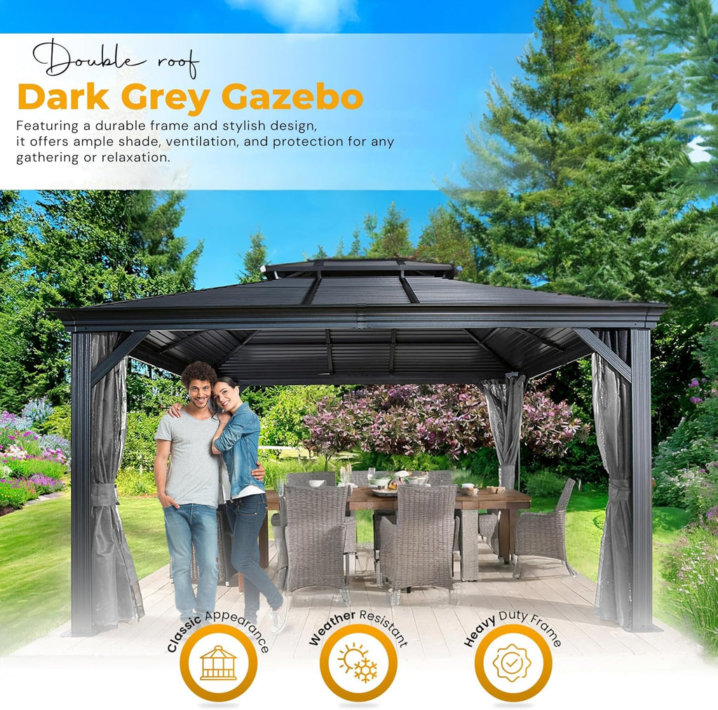 Hardtop Gazebo with Galvanized Steel Double Roof, Rustproof Aluminum Frame, Privacy Netting, and All-Weather Outdoor Shelter, Dark Grey (10x14)