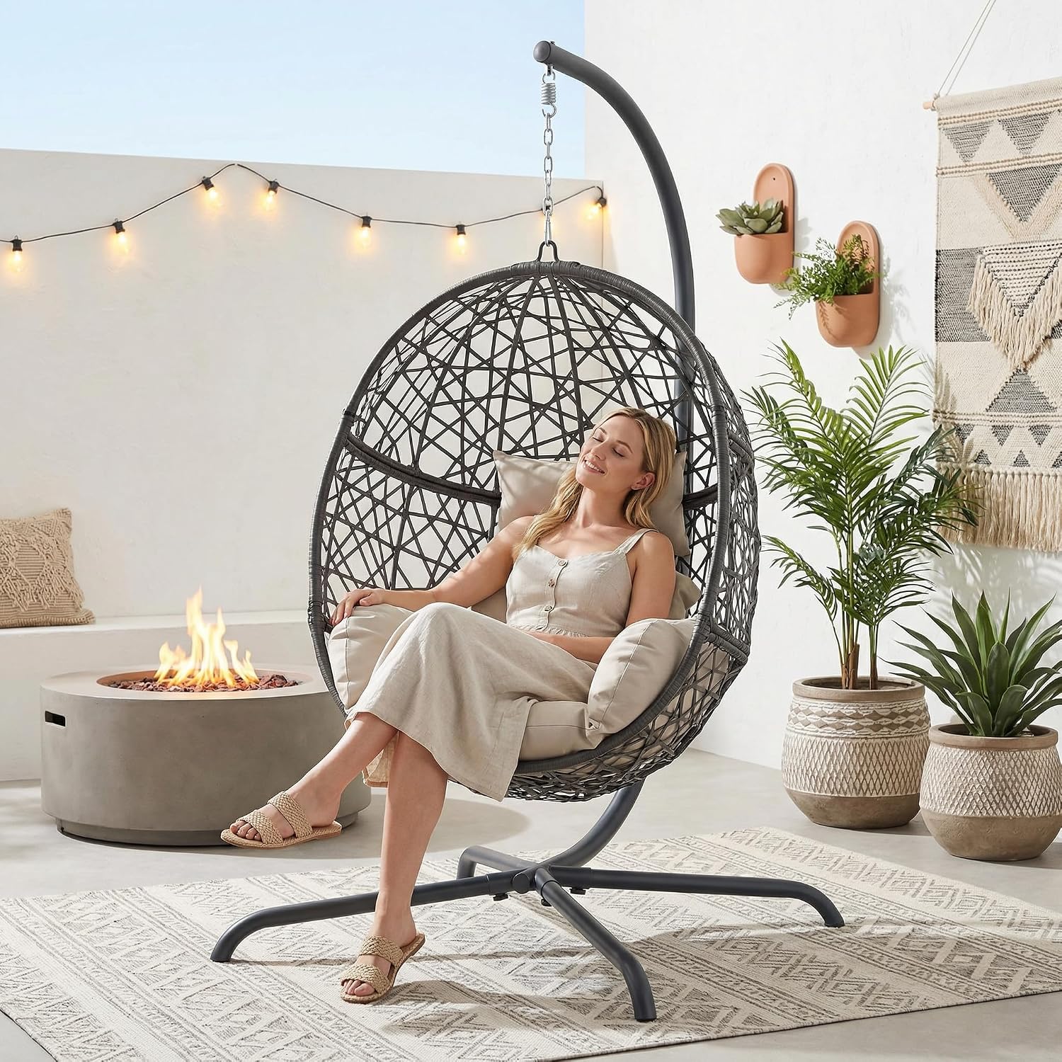 BULEXYARD Oversized Hanging Egg Chair with Stand, Indoor Outdoor Grey Wicker Bird Cage Swing Chair, Patio Hammock Swinging Chair with Beige Cushion for Balcony, Porch, 350lbs Capacity