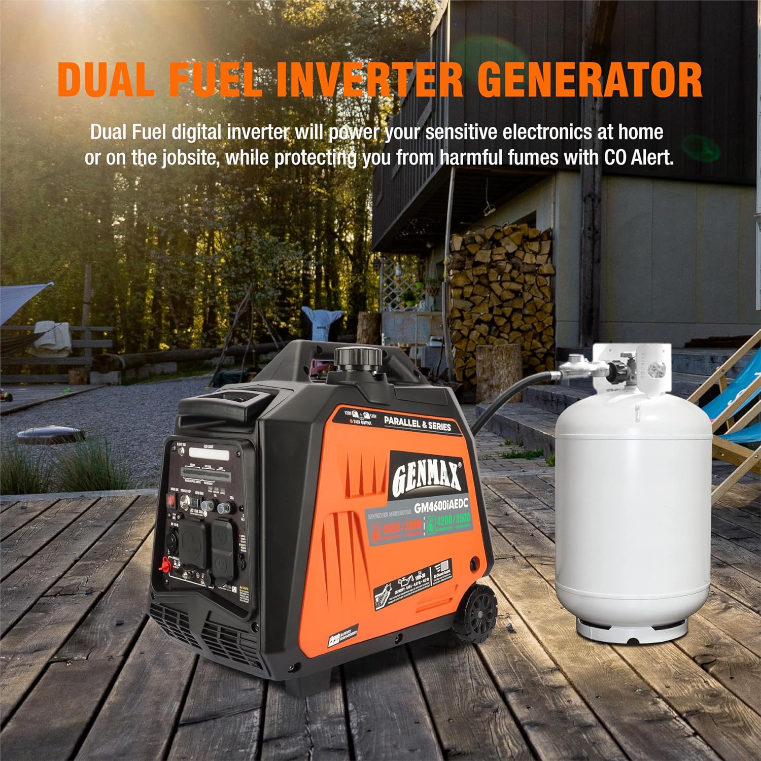 GENMAX Dual Fuel Generator,4600W ultra-quiet 159cc engine,Electric & Remote Start with CO Alert and LED light digital display,Ideal for Camping outdoor & Home backup power.EPA &CARB Compliant
