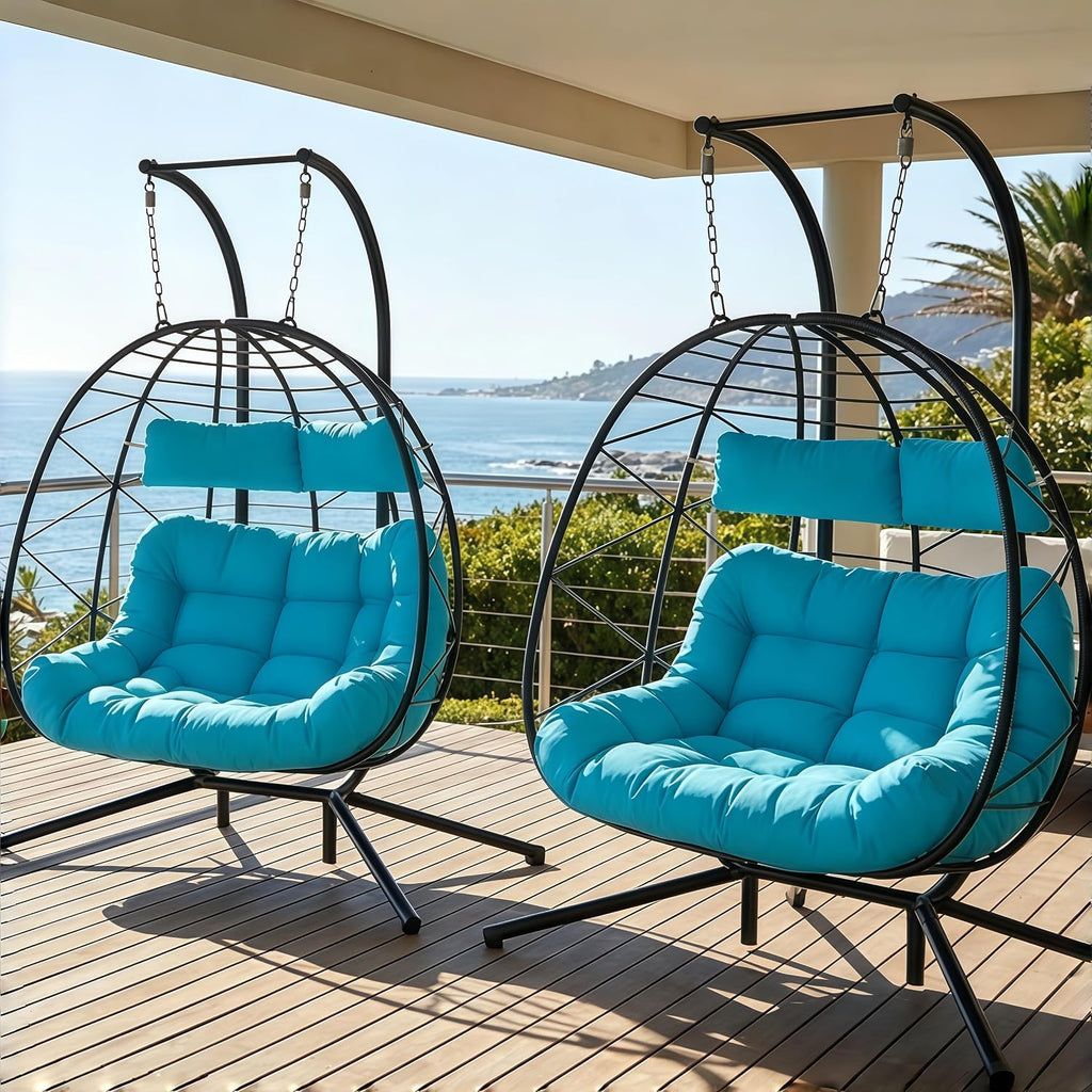 Easyego Set of 2 Wicker Hanging Egg Chairs with Stand, 700 lb Capacity, Indoor/Outdoor Double Egg Swing Hammock Chairs for Patio, Garden, Porch, Living Room, Bedroom, Blue