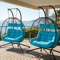 Easyego Set of 2 Wicker Hanging Egg Chairs with Stand, 700 lb Capacity, Indoor/Outdoor Double Egg Swing Hammock Chairs for Patio, Garden, Porch, Living Room, Bedroom, Blue