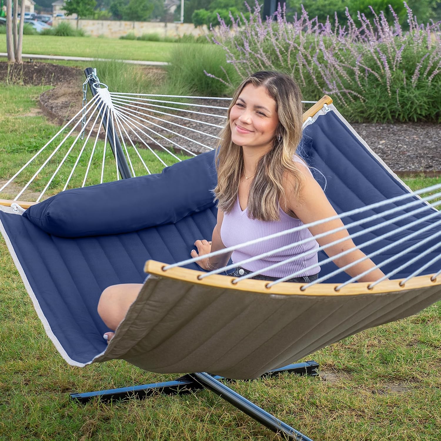 2 Person Hammock with Stand Included, Outdoor Hammock with Curved Spreader Bar, Pillow and Carrying Bag, 450 Lbs Capacity, Navy Blue