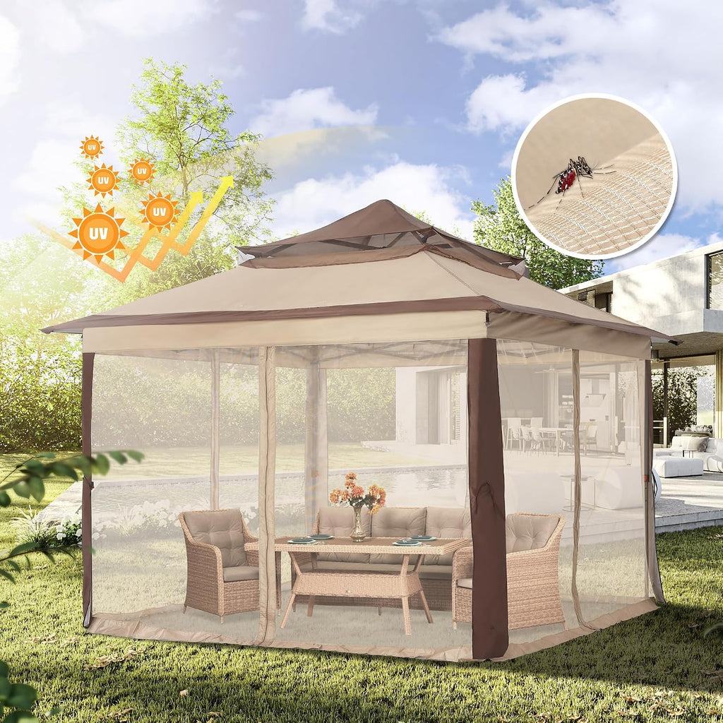 COOSHADE 11x11 Pop Up Gazebo Tent Outdoor Canopy Patio Shelter with Mosquito Netting(Beige)
