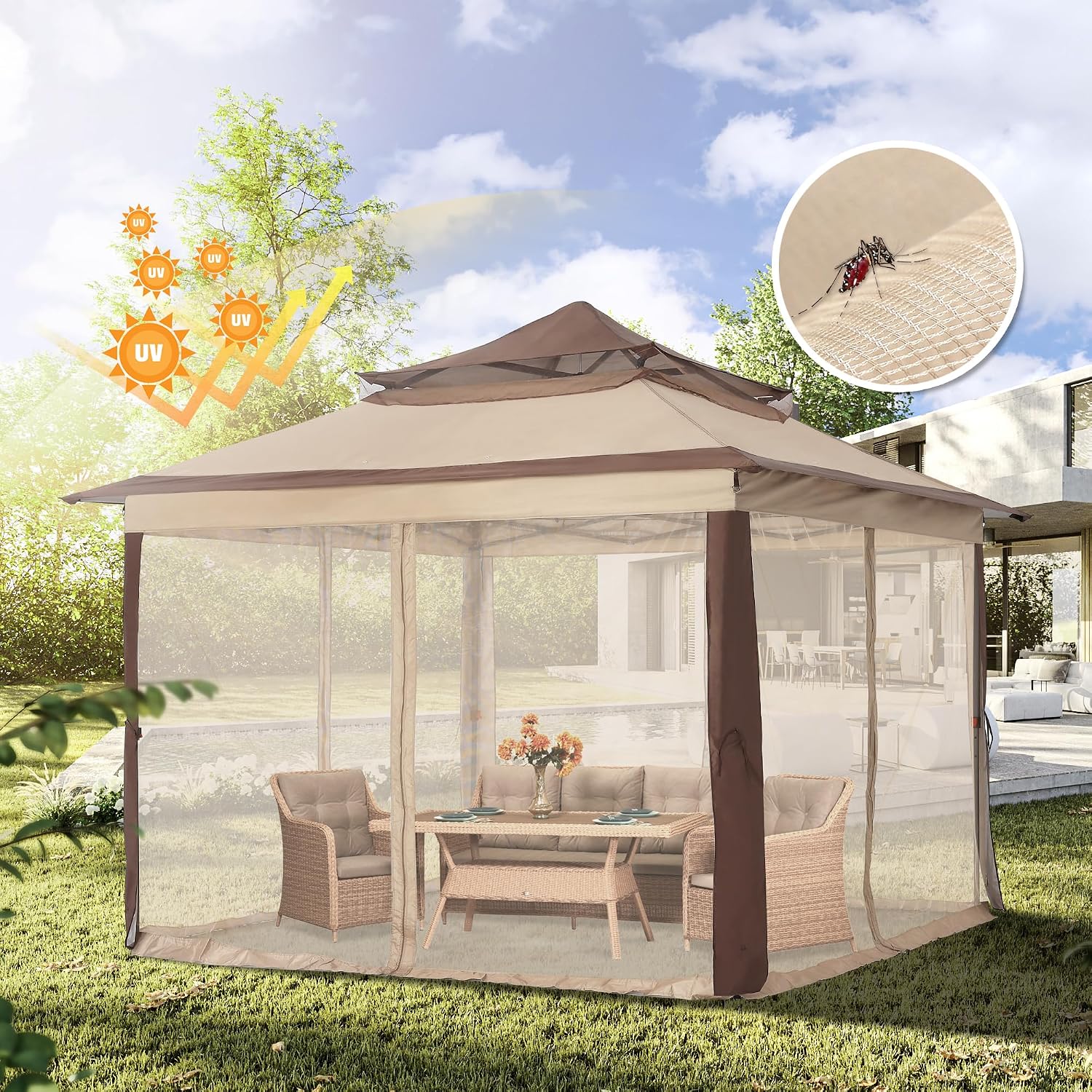 COOSHADE 11x11 Pop Up Gazebo Tent Outdoor Canopy Patio Shelter with Mosquito Netting(Beige)