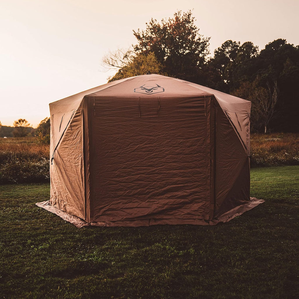 Gazelle Tents™, G6 Deluxe 6-Sided Portable Gazebo, Easy Pop-Up Hub Screen Tent, Waterproof, UV Resistant, Attached Wind Panels, 8-Person & Table, Badlands Brown, 86' x 124' x 124', GG610BR