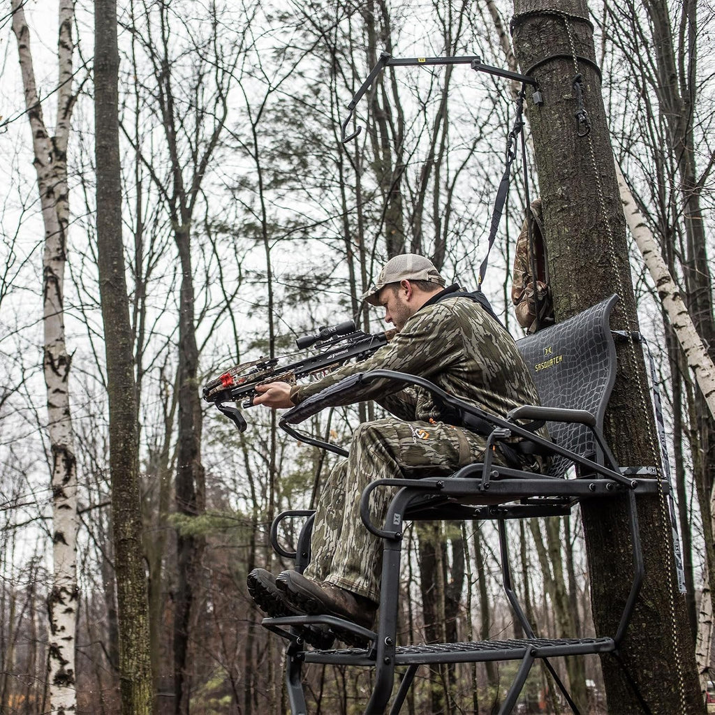 Hawk 21' Sasquatch 1.5-Man Ladder Stand | Durable Hunting Archery Steel 1 Person Tree Stand with Flip Up Chair, Hercules Cross Grip Safety System