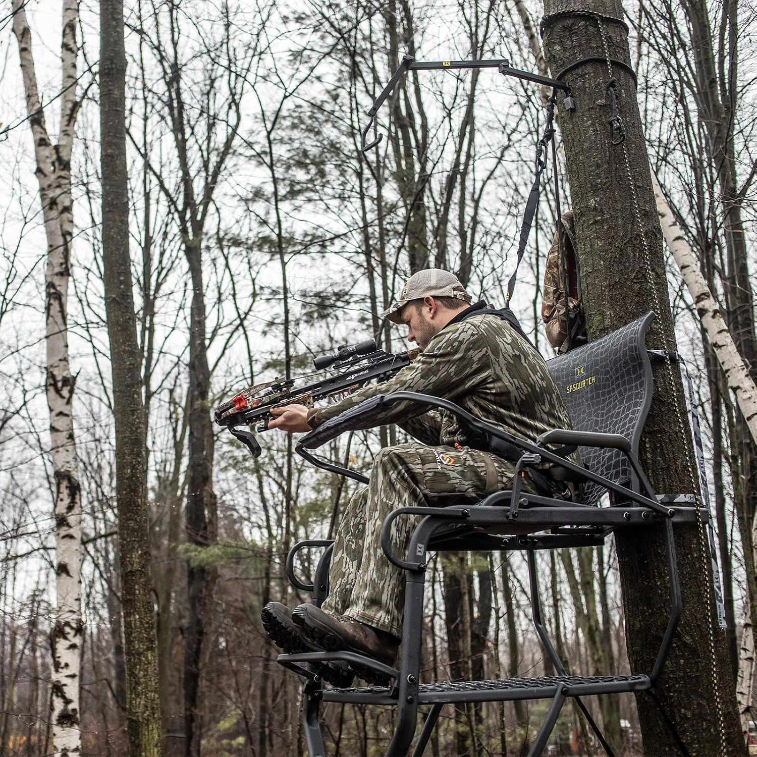Hawk 21' Sasquatch 1.5-Man Ladder Stand | Durable Hunting Archery Steel 1 Person Tree Stand with Flip Up Chair, Hercules Cross Grip Safety System