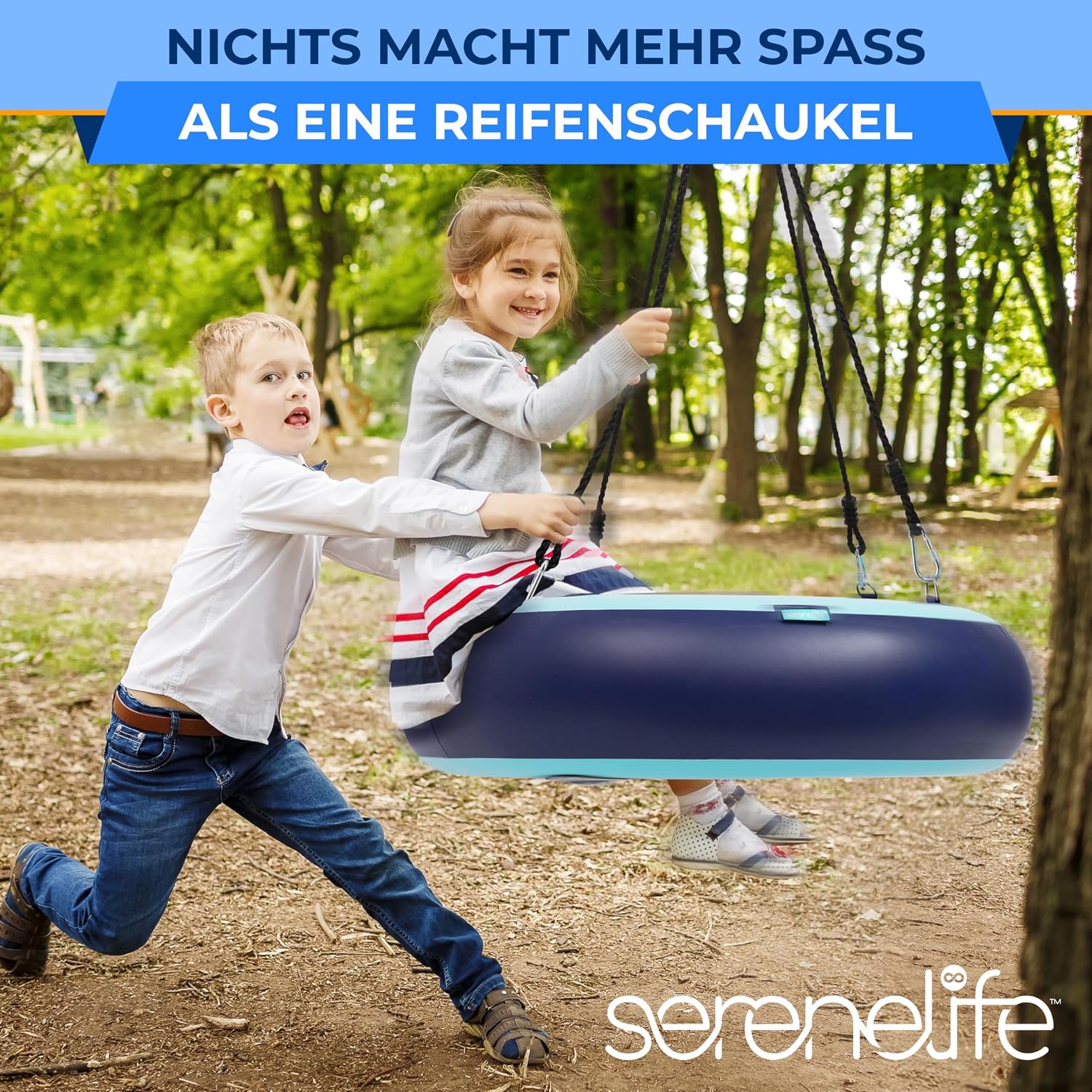 SereneLife 36' Inflatable Tire Swing with Hang Kit, 600lbs Capacity Heavy Duty Tire Swing with UV and Puncture Resistance, 360 Swivel, Hand Pump, Adjustable Ropes, Carry Bag, Hangs on Trees and Posts