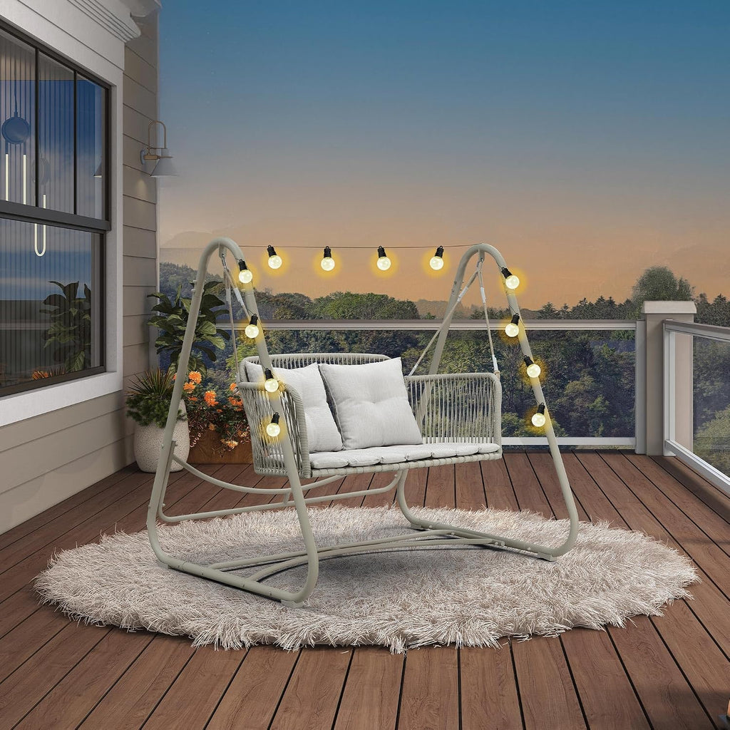 PURPLE LEAF 2-Seat Cloud Swing Chair with Stand and 12 Clear LED Lights Patio Wicker Hanging Swinging for Indoor Backyard Garden Outdoor Hammock Porch Swing, Cushion and Pillows Included, Cream