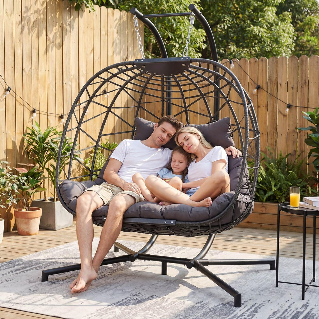 RADIATA Double Egg Swing Chair with Stand and Cover, Extra Large Egg Chairs Swing Outdoor, 2 Person Comfy Wicker Loveseat with Padded Cushion for Indoor Backyard Balcony Porch, Dark Gray