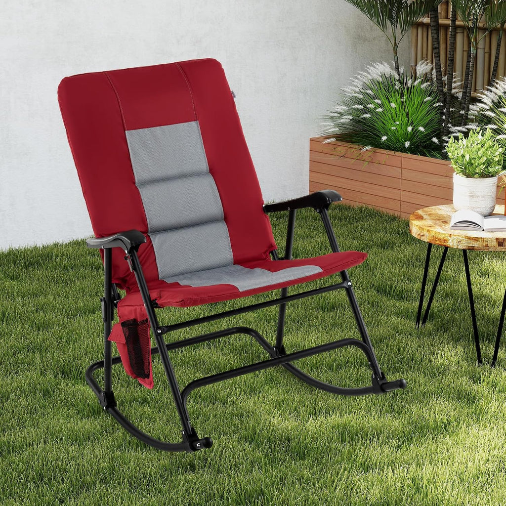 Goplus Oversized Folding Rocking Chair, Padded Patio Lounge Rocker w/Metal Frame, Armrests, Side Pocket, Lightweight Portable Rocking Chair for Backyard Camping Travel, Supports up to 500 lbs(2,Red)