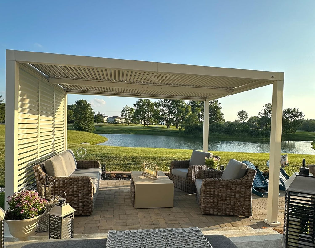 PURPLE LEAF Louvered Pergola 10' x 14' Outdoor White Aluminum Pergola with Fixed Shutter Wall Adjustable Roof Gazebo for Patio Backyard, 1 Short Side