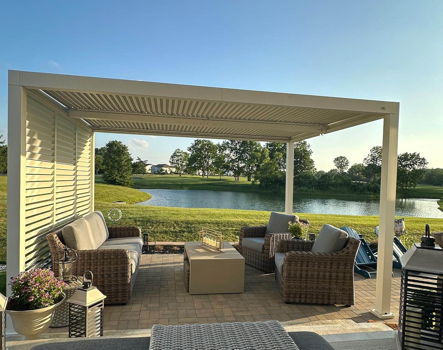 PURPLE LEAF Louvered Pergola 10' x 14' Outdoor White Aluminum Pergola with Fixed Shutter Wall Adjustable Roof Gazebo for Patio Backyard, 1 Short Side