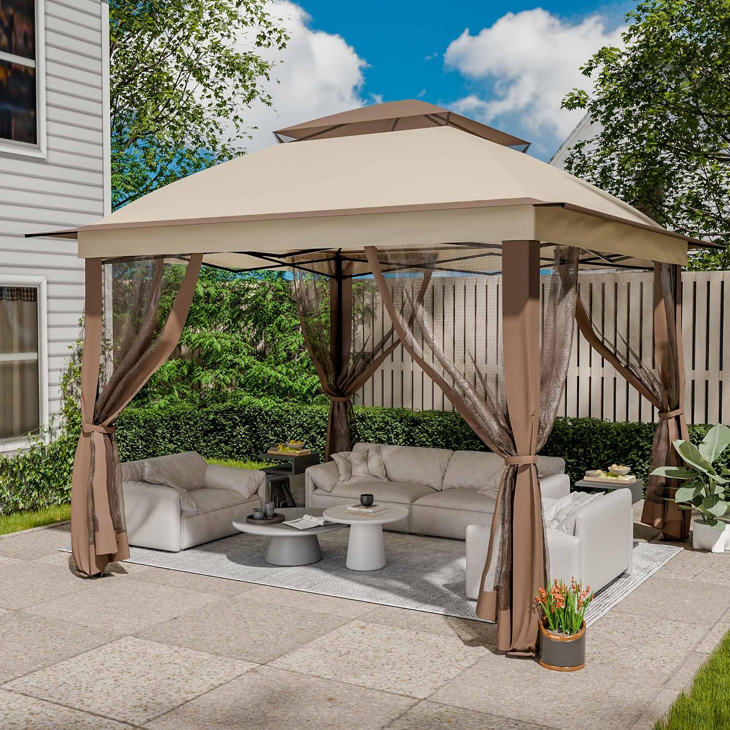 Pop Up Gazebo 11x11, Outdoor Instant Canopy Shelter Tent with Mosquito Netting Metal Frame Storage Bag for Patio Garden Backyard.(Beige)