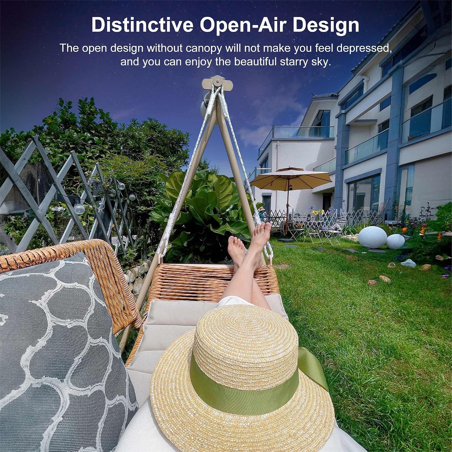 PURPLE LEAF 2 Seat Porch Swing with 12 White LED Lights Outdoor Hand-Woven Rattan Hanging Cloud Swing Chair for Indoor Backyard Garden Patio Hammock Swinging, Cushion and Pillows Included