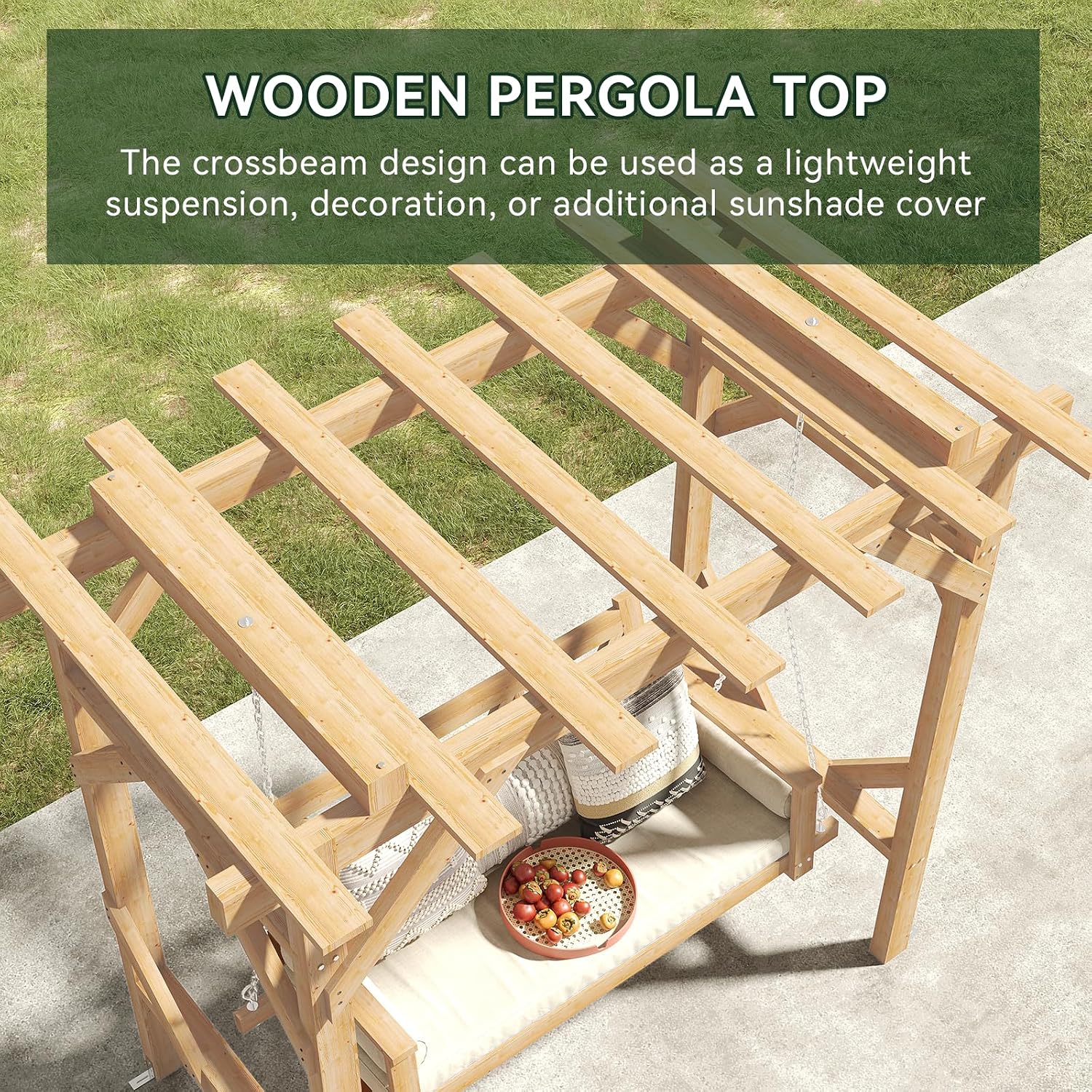 Aoxun Cedar Wood Outdoor Pergola Swing Bench, Porch Swing with Stand, 3-Seat Hammock Patio Swing Set with Canopy，Metal Chains for Backyard, Garden, Natural