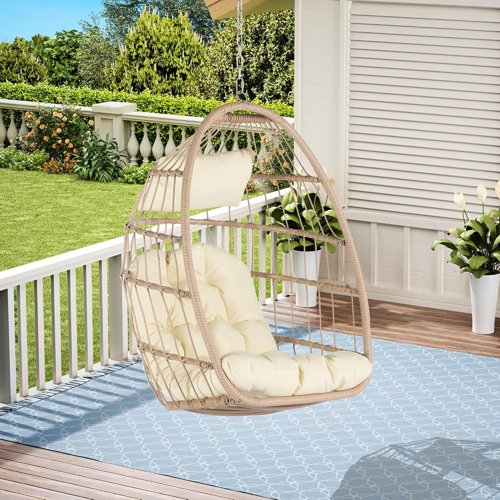 Outdoor Garden Rattan Egg Swing Chair,Foldable Wicker Egg Hanging Chair for Bedroom,Living Room,Deck,Supprt Up to 360 lbs (Khaki)
