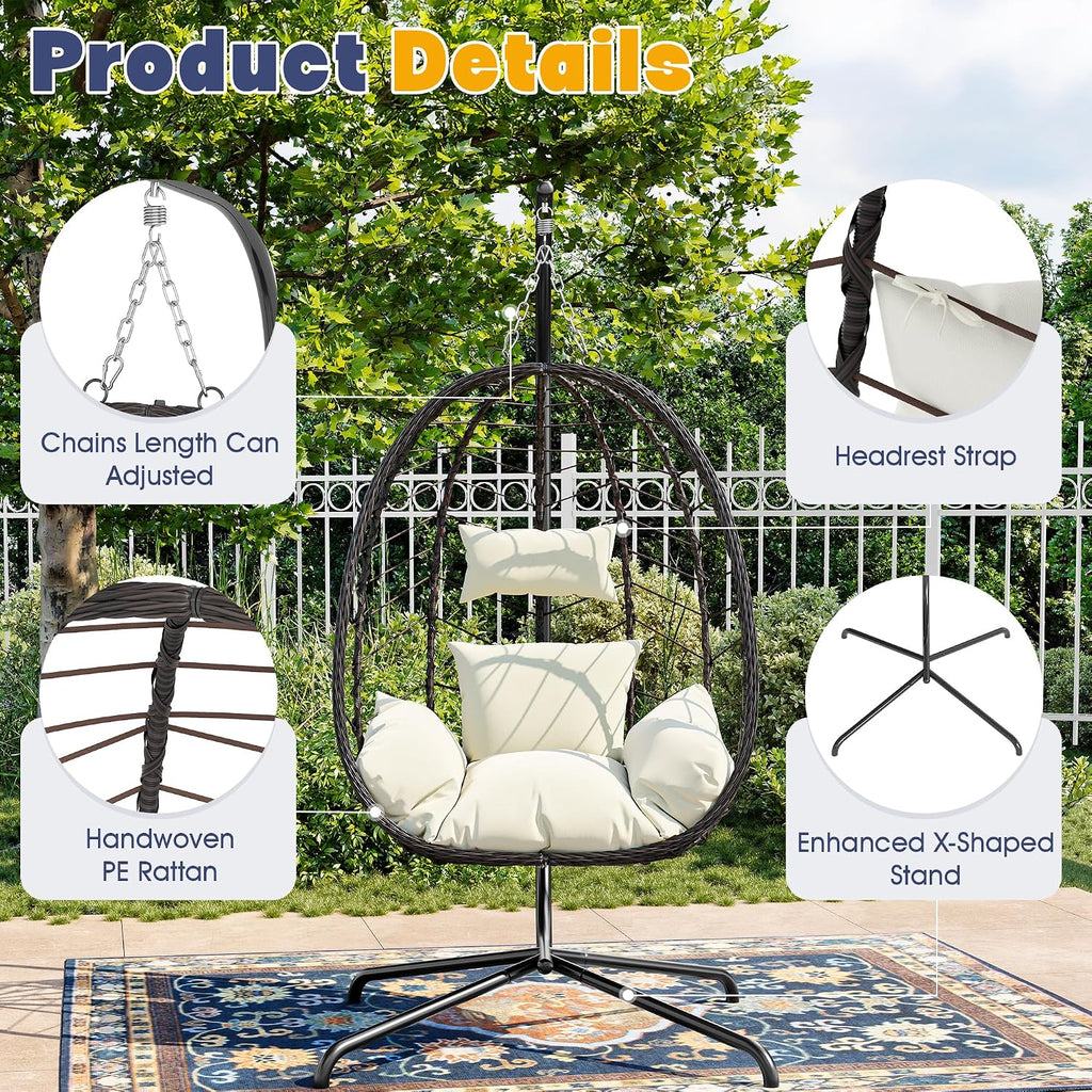 Egg Chair with Stand, Patio Wicker Bifanuo Hanging Chair, Hammock Swing Chair, 350LBS Capacity for Bedroom, Balcony, Garden(BR-BE)