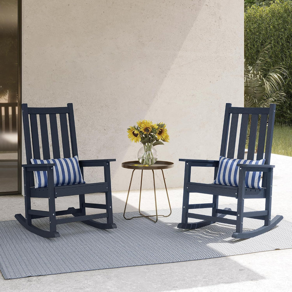 Rocking Chair Outdoor, Oversize PE Patio Rocker Chairs, Weather Resistant 350lbs Heavy Duty Rocking Chair with High Back for Backyard, Porch, Fire Pit, Garden and Indoor (2, Blue)