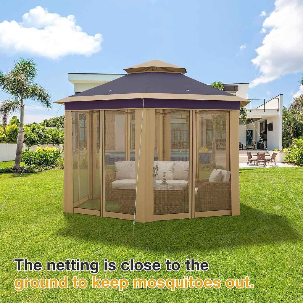 13x13 Pop Up Gazebo Outdoor Hexagonal Canopy Tent with Mosquito Netting Sides Instant Patio Canopy Shelter, Rain & UV Resistant PA Coated Fabric, for Patios, Garden, Parties, Lawns Backya