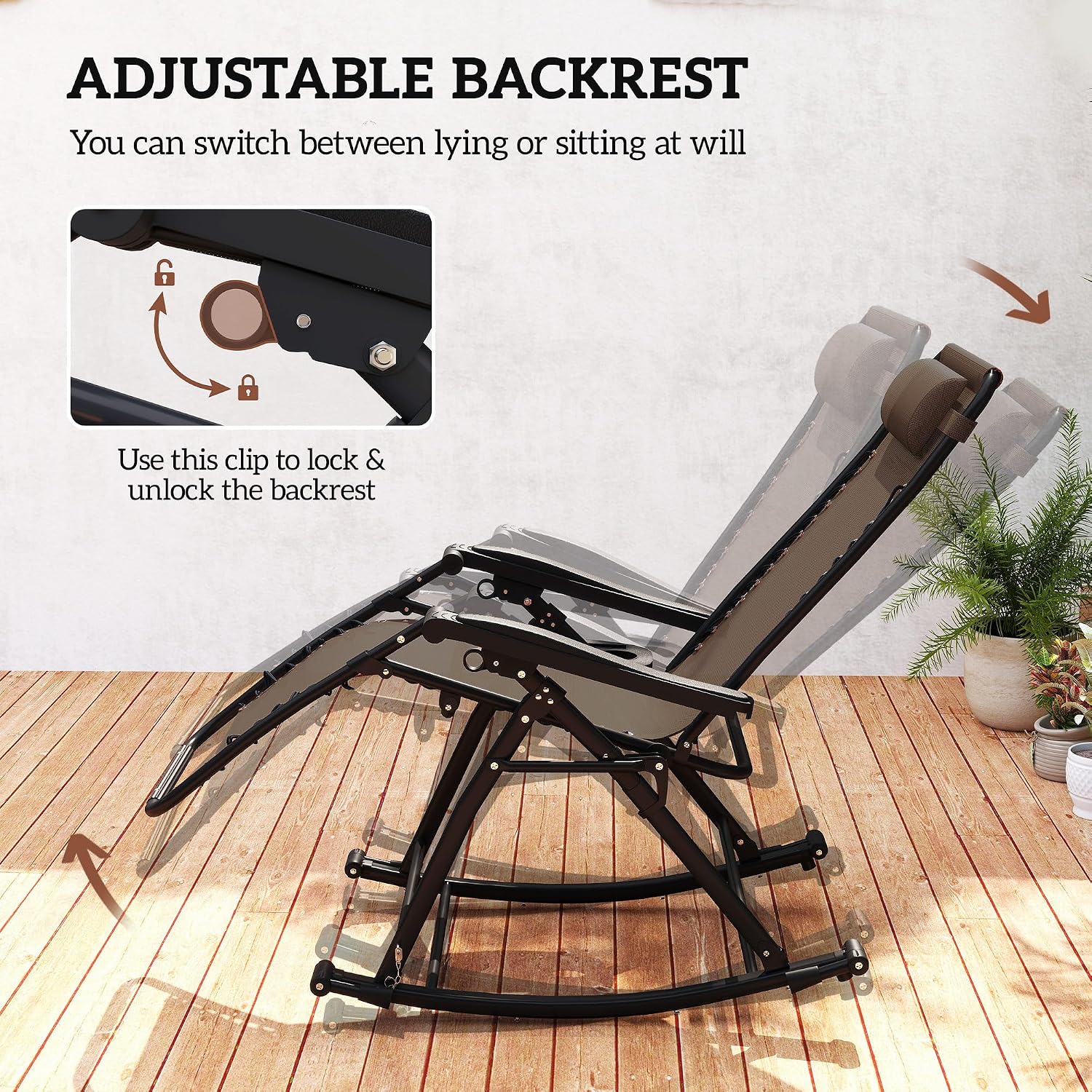 Outsunny Outdoor Rocking Chairs, Foldable Reclining Zero Gravity Lounge Rocker with Pillow, Cup & Phone Holder, Combo Design with Folding Legs, Brown