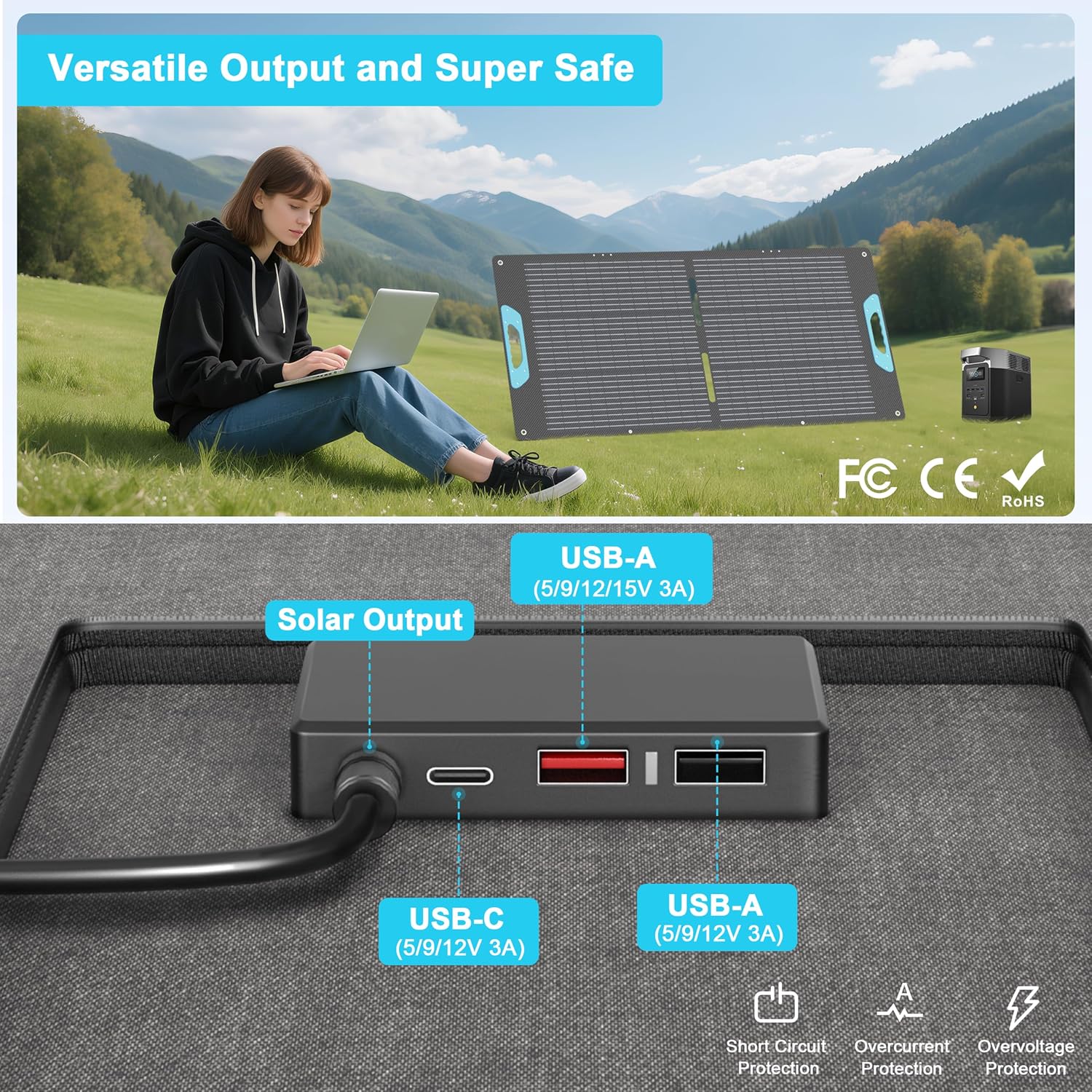 110W Portable Solar Panel for Power Station, 23.5% High Efficiency ETFE Foldable Solar Panels Charger, QC3.0 USB-A &Type-C Output, IP67 Waterproof for RV, Outdoor Camping, Off Grid Blackouts
